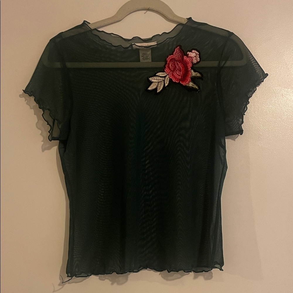 URBAN Romantics Dark Green Sheer Top with Red Floral Accent